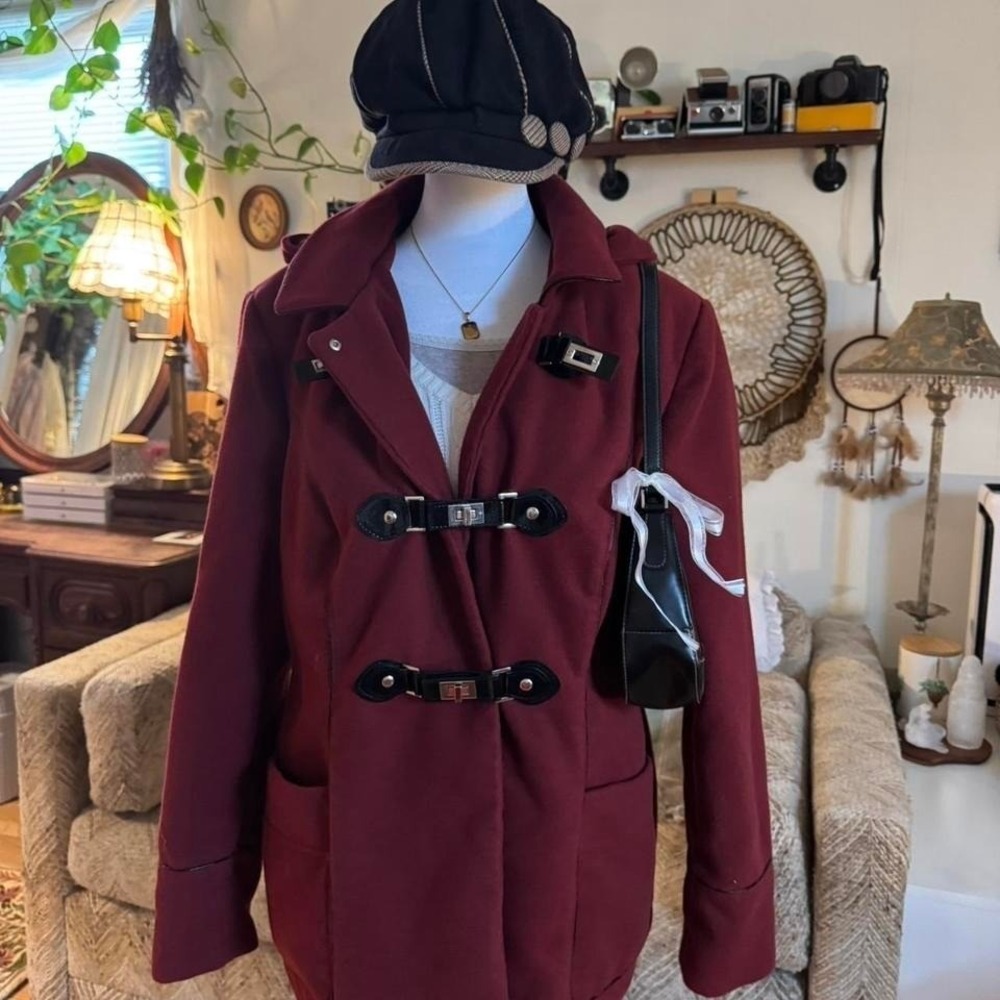 Style & Co Burgundy Hooded Pea Coat with Turn-Lock Buckle Closures Size L